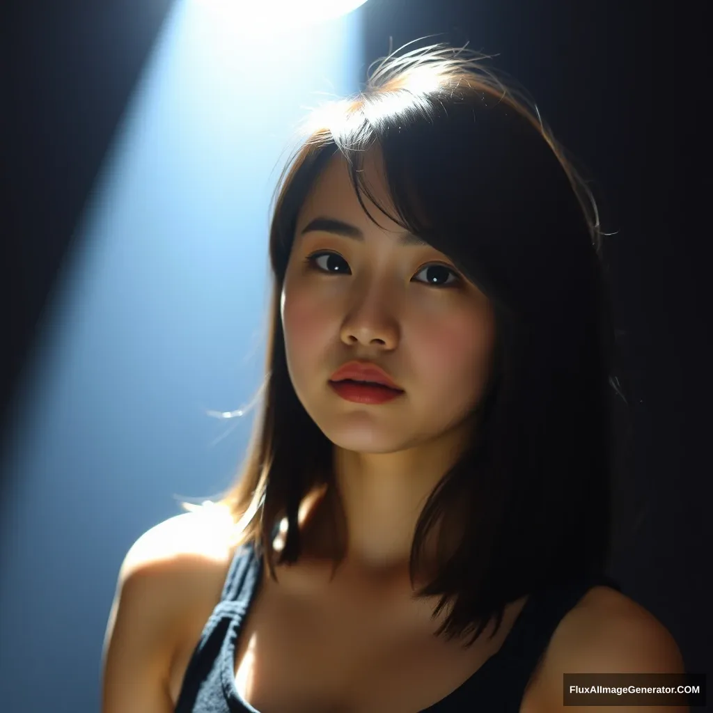 Background: Black background and a beam of light overhead, soft lighting. Light focused on the girl's face, A 21-year-old girl looked at me, Asian face The girl was wearing a Tank Top 4k - Image