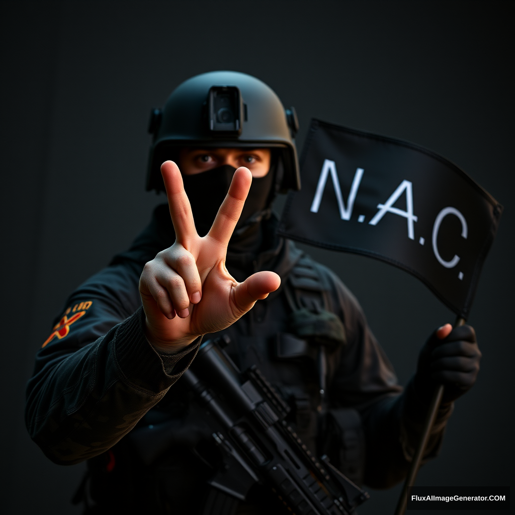 A soldier in dark gear made a "hand, face" sign out of shame, holding a flag with the inscription "N.A.C."