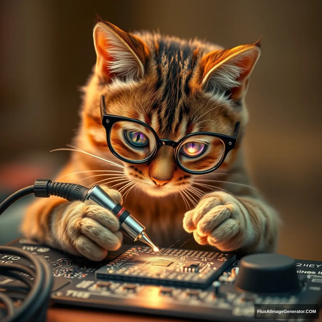 A mischievous tabby cat, wearing tiny spectacles, meticulously solders a circuit board with an iron. Warm lighting. Delicate French knots form components. Style: Hyper-realistic embroidery art, blending traditional craftsmanship with modern technology.