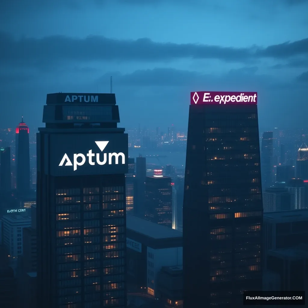 An image of a city with two large buildings in the foreground. The building on the left has the Aptum logo in large letters on the face of the top of the building on the right has the Expedient logo in large letters on the face of the top. The style of the image should be futuristic and at night.