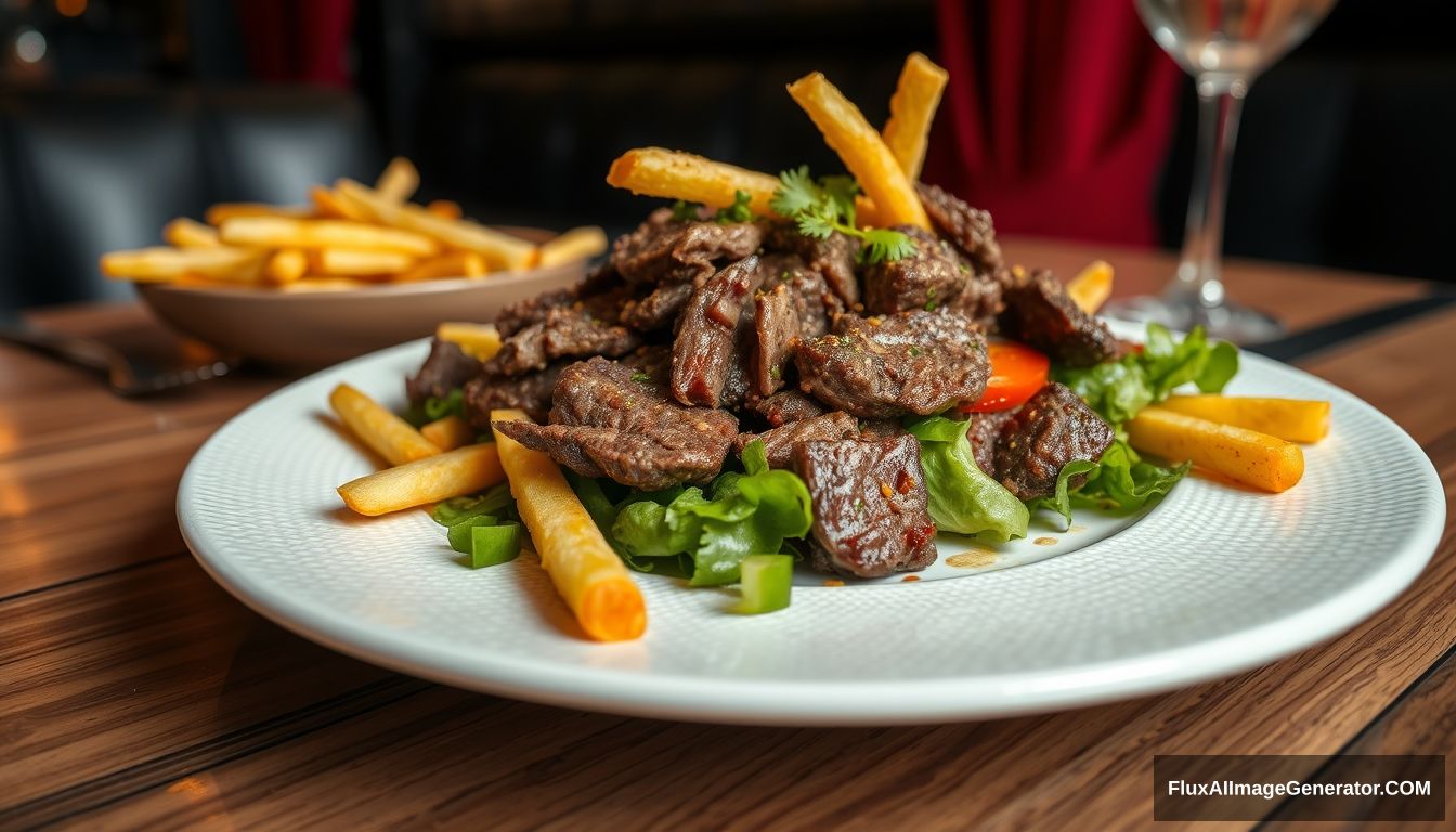 Highly detailed and sharp image of Shaking beef + French fries, plated on a white textured plate. The plate is resting on a wooden table, with the scene zoomed out to reveal more of the surrounding space. The background includes dark areas with a hint of red drapes, providing a contrast that enhances the vibrant colors of the dish. The overall atmosphere is elegant and appetizing, capturing the intricate details of the salad and the dining setting. - Image