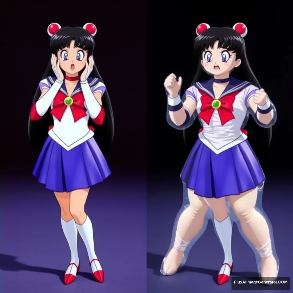 The photograph clearly depicts Sailor Mars panicking and freaking out as she is turned into an inflatable doll from left to right with stark contrast. - Image