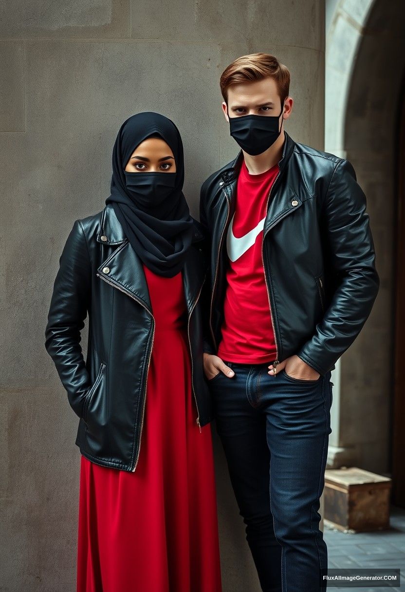 A big black hijab girl with beautiful eyes, wearing a black face mask, a black leather jacket, and the longest red dress, not very tall.

Jamie Dornan, handsome, wearing a black face mask, with a fit and tough body, a red Nike t-shirt, a black leather jacket, jeans, and tall.

Standing lean against the wall together, hyper-realistic, photorealistic, studio photography, in Victoria's abandoned castle, gloomy, dark.