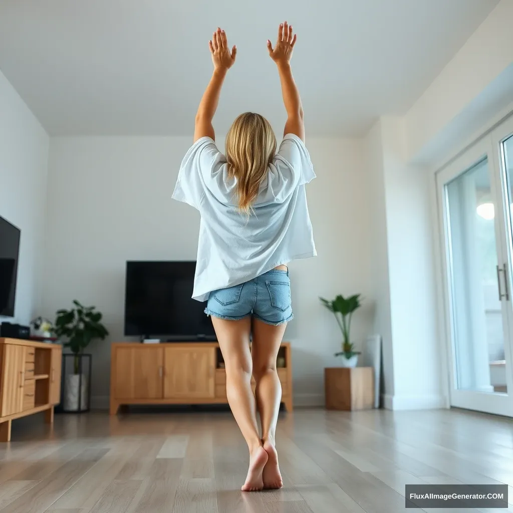 A blonde, slender woman is depicted in profile, standing in her spacious living room. She wears an excessively oversized white t-shirt that hangs unevenly on one sleeve, paired with baggy light blue denim shorts. She is barefoot and faces her TV as she dives headfirst, both arms raised above her head and legs lifted into the air, positioned at a -60 degree angle. - Image