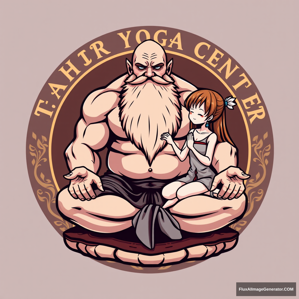 "Tahir Yoga Center" logo: a muscular large bald dwarf with a beard in the lotus position flirts with an anime girl. - Image