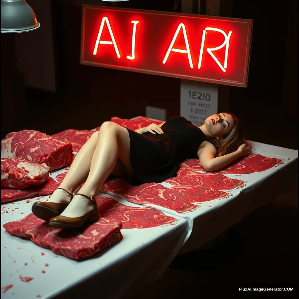 A woman lay on the butcher table, shoes, night, neo. The sign said: "AI ART." - Image