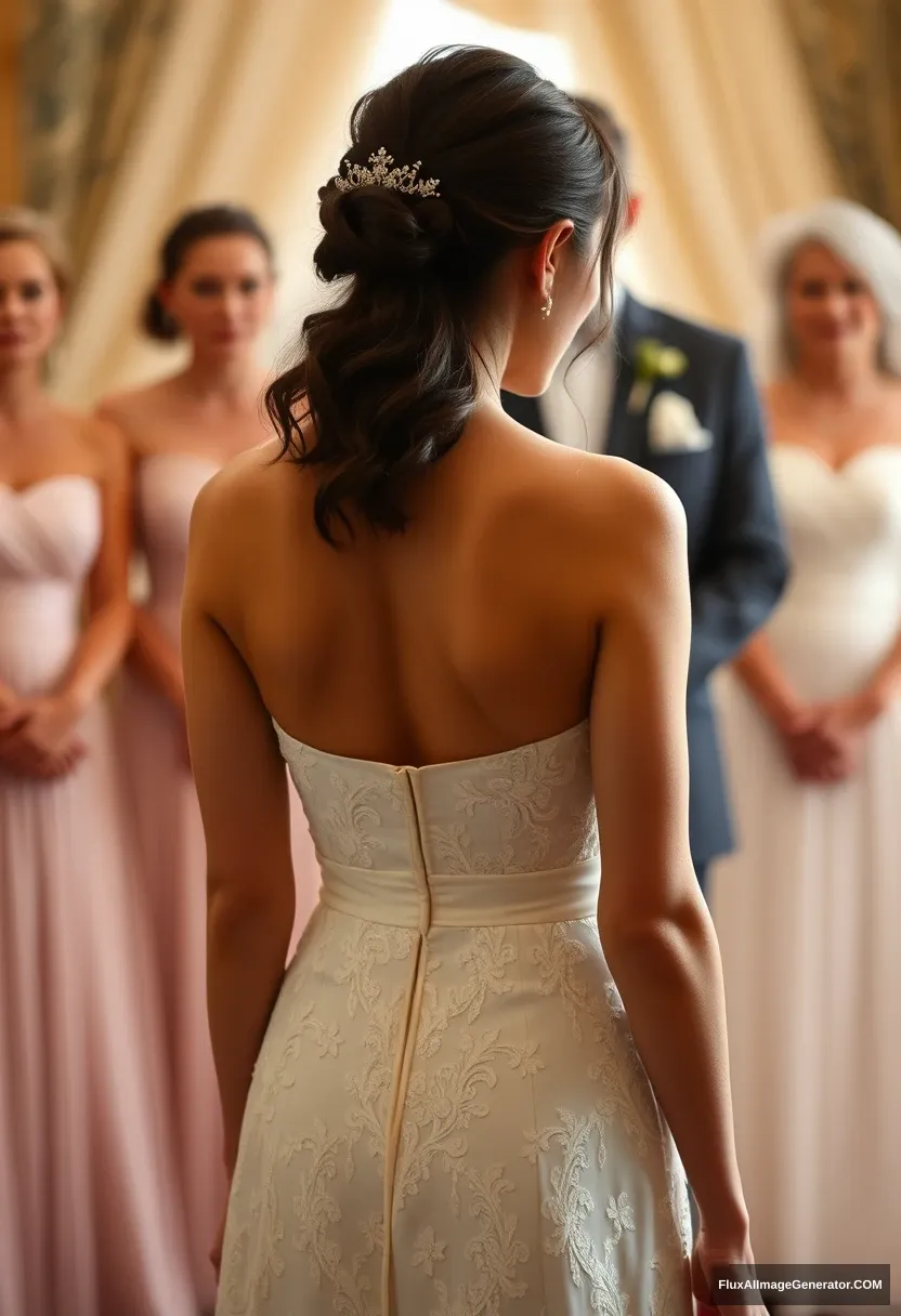 A short young woman, sensitive, delicate, ashamed, wearing a backless strapless small-waisted wedding dress, in front of patriarchy, feeling helpless, facing expectations. - Image