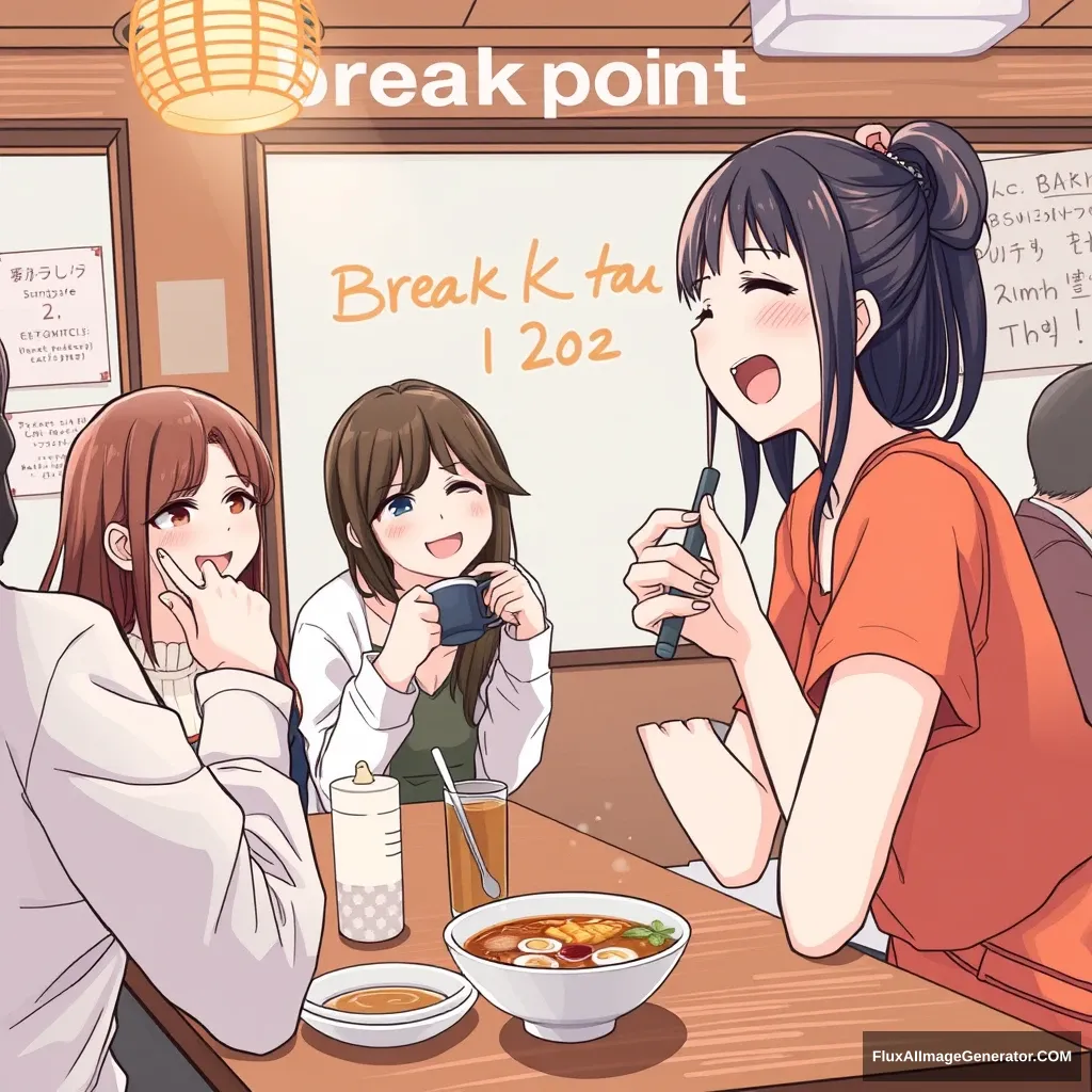 "Draw a scene where a Japanese female student is happily having a party with her friends at Breakpoint Cafe, enjoying bungsu, Japanese ramen, and coffee."