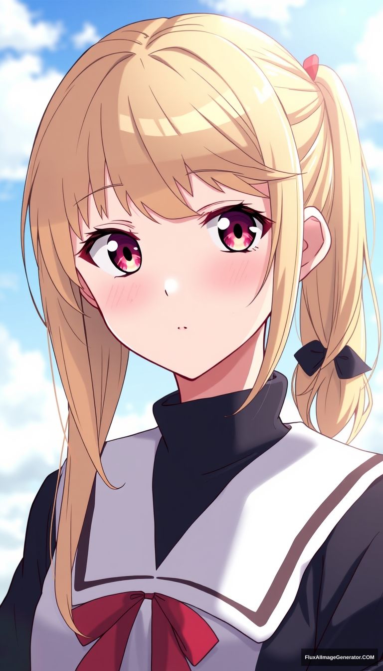 A beautiful young girl of average height with blonde hair tied in a side ponytail (much like how her late mother Ai Hoshino did) and possessing pink-ruby colored eyes with a six-star in her left eye like her late mother. Anime style. She has a star only in her right eye. High quality.