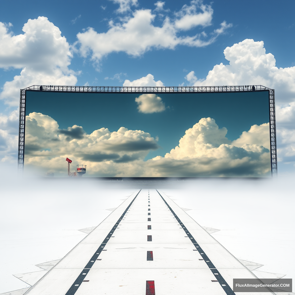 1100 feet tall, 2350 feet wide screen displaying clouds and sky with a tiny little runway going from a vantage point leading to the screen. The runway's vantage point getting larger as it comes to the forefront of the overall image on a beach, with an overall theme reminiscent of the movie 300 or Kanye West's "Blood on the Leaves." Old amusement park ride parts peeking through fog on the sides of the runway, fully occupying all space on the sides, with no gaps, making the only thing showing in the floor area the runway itself, but not extending over the runway, only covering the side areas. No people in the image. The overall image is in 4K. Change the sky to an all-white wall, like a photographer's white room in a giant warehouse-like space that seems endless, with no ceiling or other walls. - Image