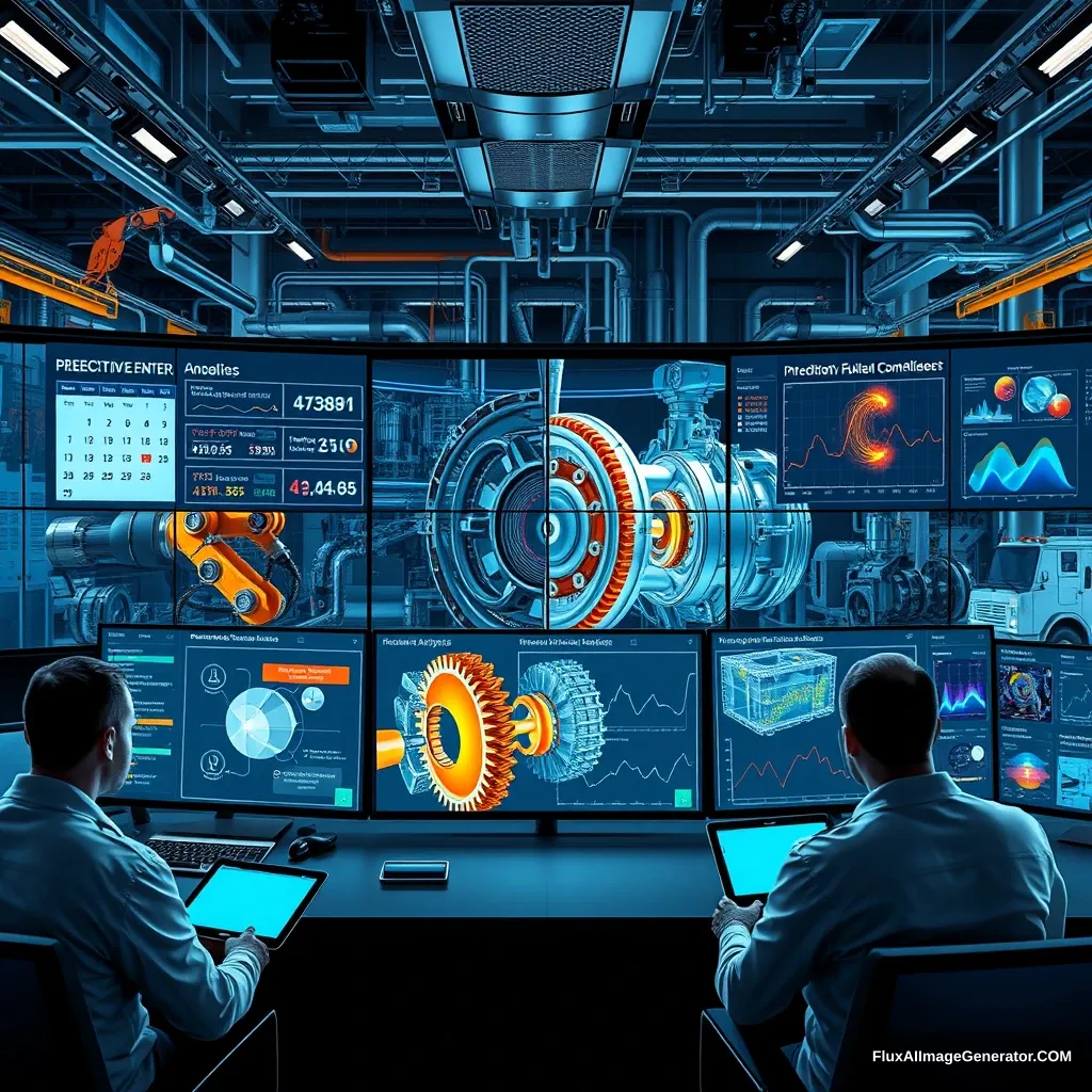 Create an image of a futuristic industrial control room where engineers and technicians monitor advanced machinery through large interactive screens. The screens display data streams, graphs, and real-time analytics. The background shows operational machinery, like turbines and robotic arms, with sensors emitting data signals. Highlight a transparent view of a machine's inner workings, showing components like bearings and actuators with sensors. Include a comparison of scheduled versus predictive maintenance, with one side showing a calendar and the other a real-time alert system. In the control room, one screen should depict a 3D model of a machine highlighting wear and potential failure points, while another shows a technician using a tablet for diagnostics. Add graphs of vibration analysis and thermographic scans, emphasizing precision, innovation, and efficiency in predictive maintenance. - Image