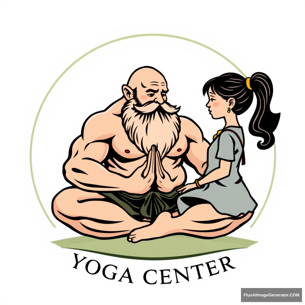 Yoga Center logo: a muscular large bald dwarf with a beard in the lotus position exchanges energies with a girl.