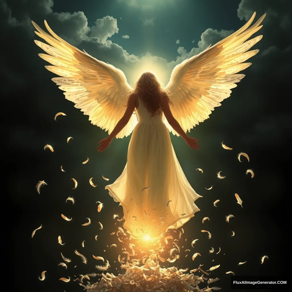 A beautiful angel has half-transparent wings glowing in the darkness, feathers released above the clouds, scattered feathers floating underground, witnessing her wings illuminated by the glaring light of the sun, shedding feathers as they inevitably descend. - Image