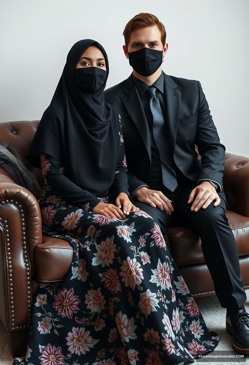 A biggest black hijab girl, slim girl, beautiful eyes, face mask black, biggest floral longest dress, sitting on leather single wing sofa, 

Jamie Dornan, youngest, black suit coat, grey pattern tie, black leather sneaker, tall man, face mask black, tough body, sitting near her,

hyper realistic, studio photography.