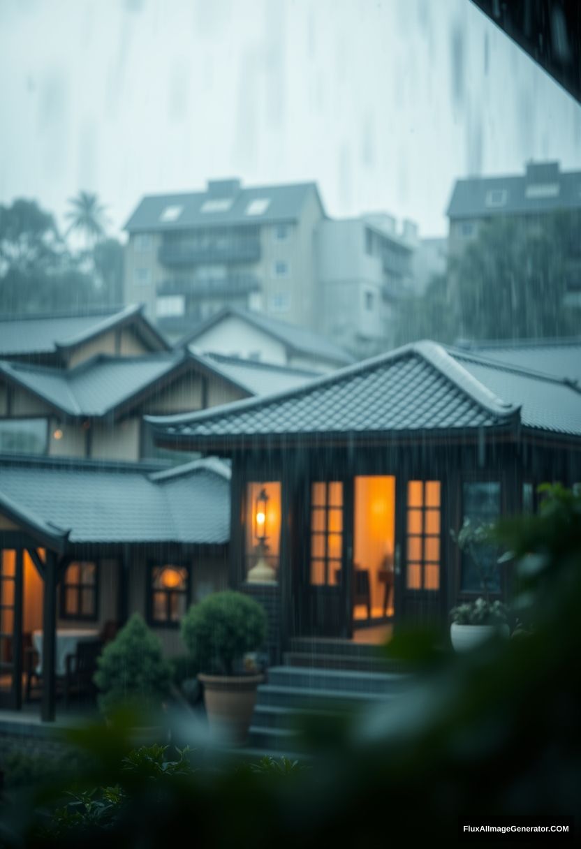 Outside view, rainstorm, a total of oriental cabins, exquisite detail design house, warm colored lighting window, aesthetic sense, depth of field, foreground blur, comfortable, comfortable, relaxed, master composition. - Image