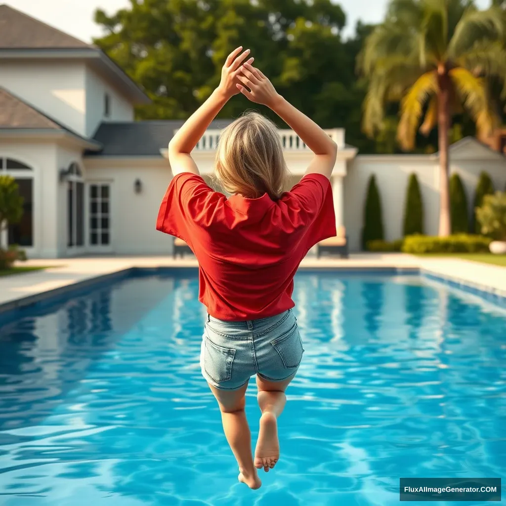 Back view of a young blonde skinny woman who is in her early twenties in her massive backyard wearing an oversized red polo t-shirt that is slightly off-balance on one shoulder, the bottom part of her t-shirt tucked in on all sides. She is also wearing M-sized light blue denim shorts and no shoes or socks. She dives into her massive luxurious pool with her arms raised above her head and is upside down.