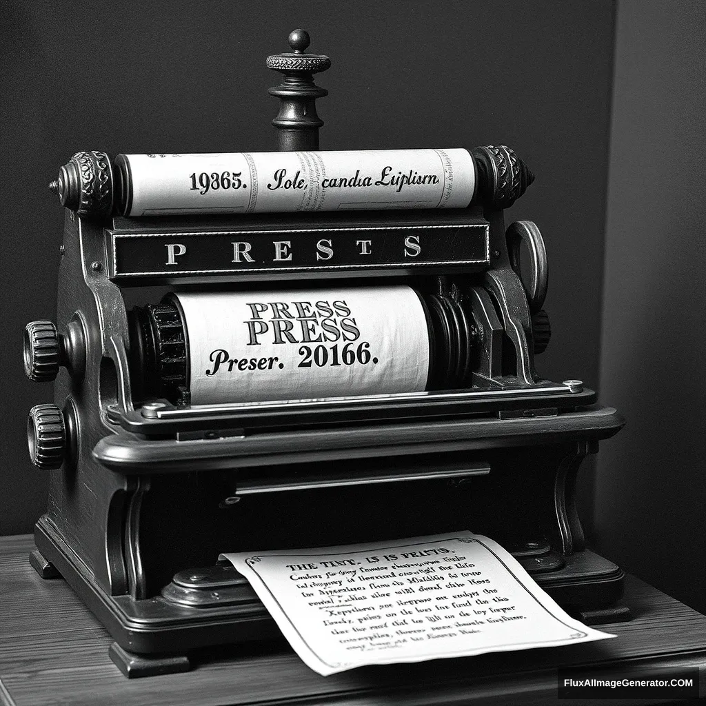 grayscale 1700s printing machine printing a paper that says "..PRESS 206.." - Image