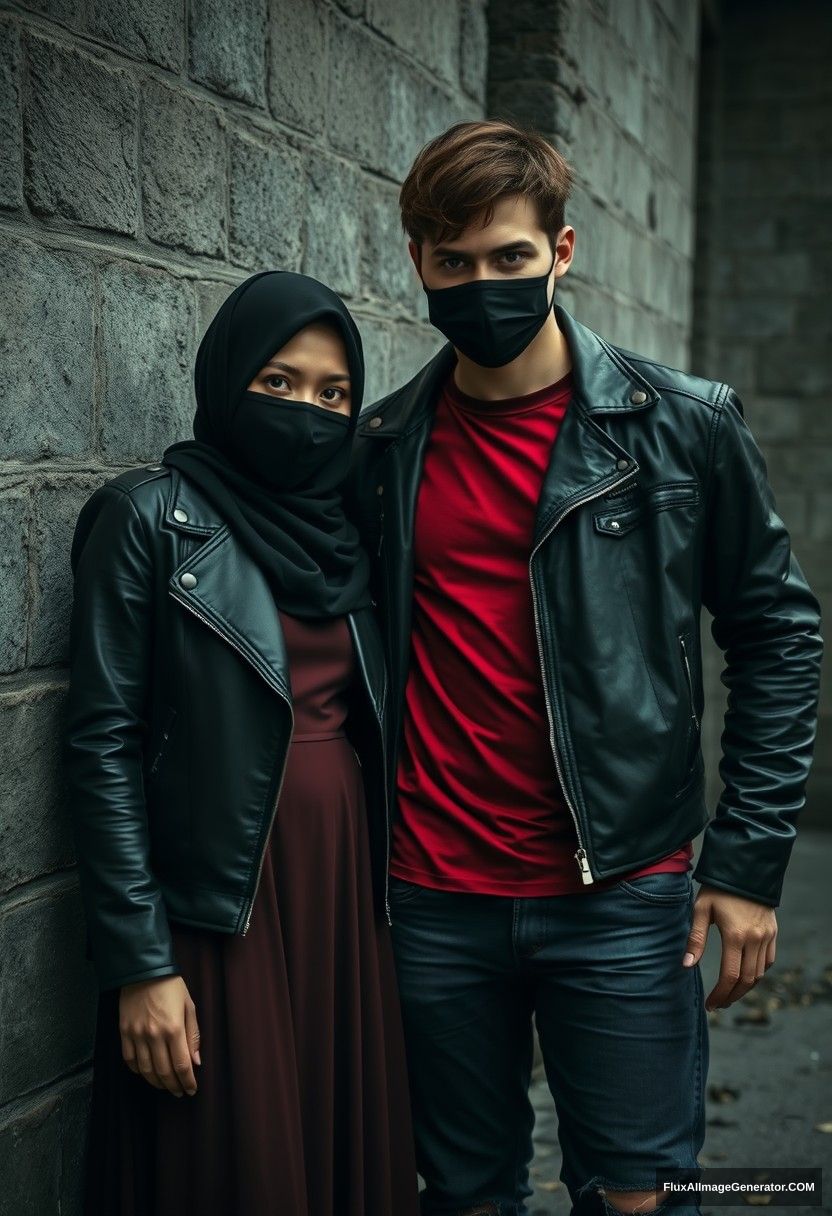 A biggest black hijab girl, beautiful eyes, face mask black, black leather jacket, biggest red longest dress, untall,

Jamie Dornan, handsome, face mask black, fit and tough body, metal red t-shirt, black leather jacket, jeans, tall man,

standing near wall together, 
Hyper realistic, photorealistic, street photography, Victoria's abandoned castle, gloomy, darkness. - Image