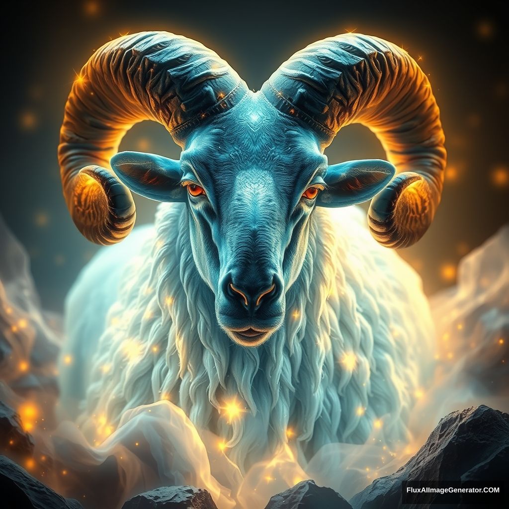 A highly detailed, ultra-high-resolution image of a mighty RAM, glowing with a magical, ethereal aura. The image focuses on the intricate details of the RAM, showing every fiber of its being illuminated by an otherworldly light. The environment around the RAM is rendered with a dimensional illusion, giving a sense of warmth and immersion. The visual style should be photorealistic, capturing the essence of the creature's splendor with an emphasis on hyperrealistic textures and lighting, creating a mesmerizing and enchanting scene.