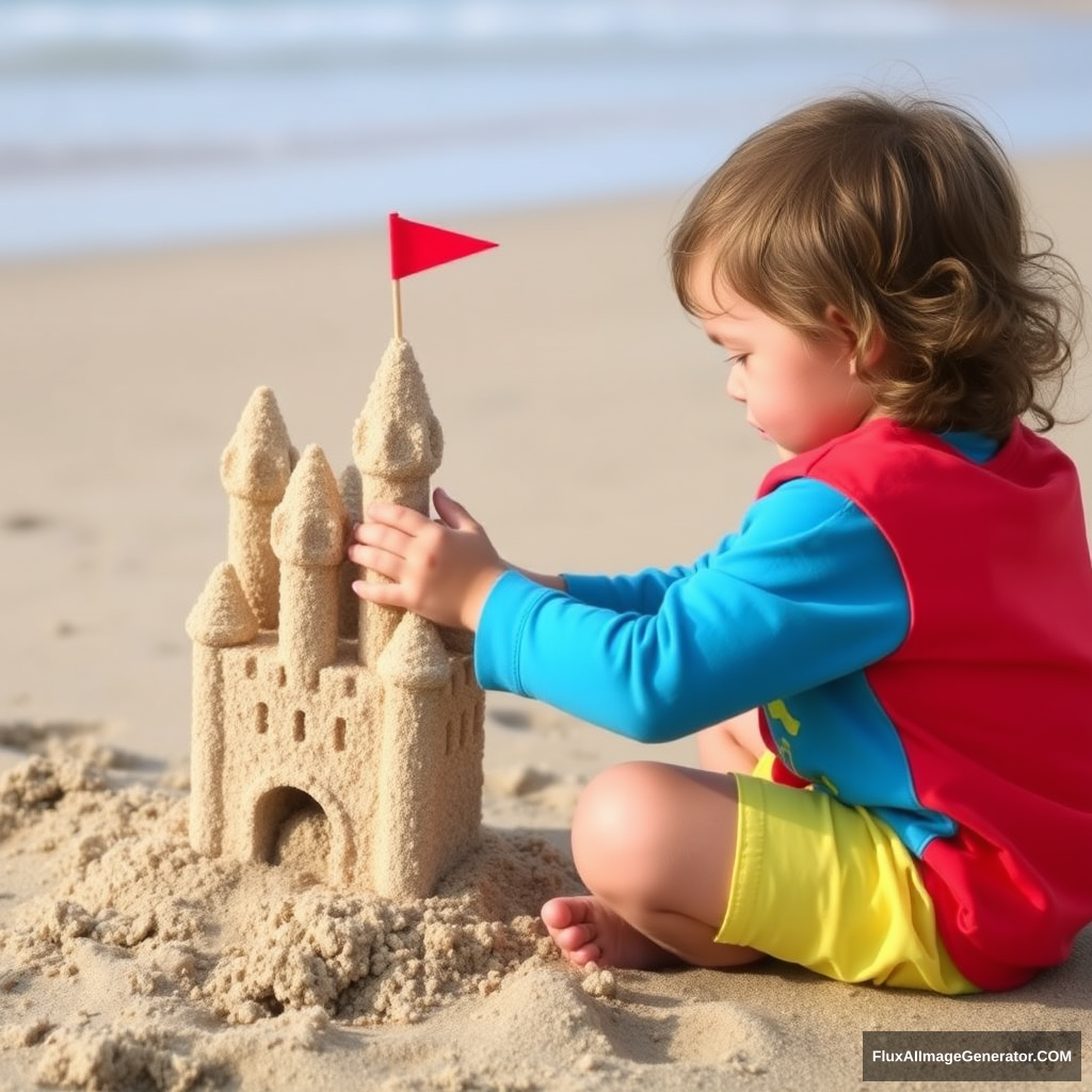 A 3-year-old child is building their dream castle on the beach.