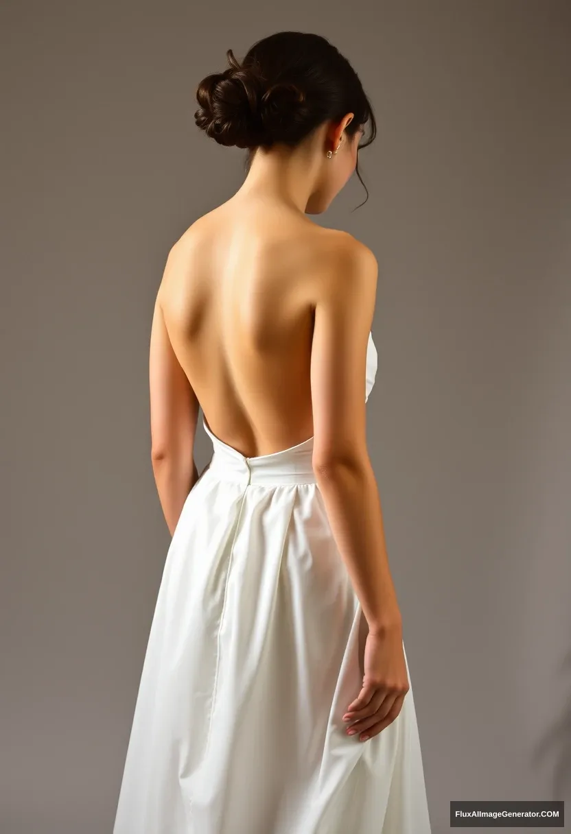 A short young woman, sensitive, delicate, ashamed, wearing a backless strapless small-waisted wedding dress, standing in front of patriarchy, feeling helpless. - Image