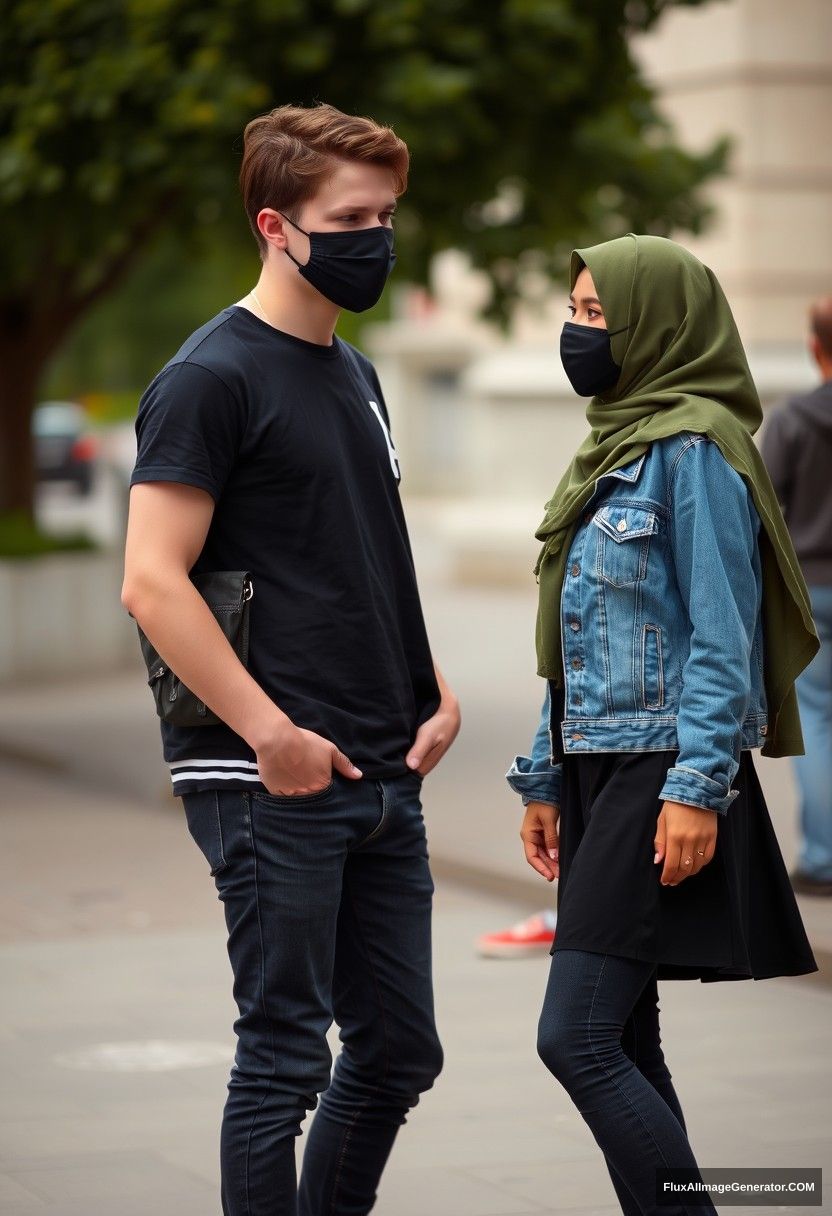 Jamie Dornan, young, wearing a black face mask, black T-shirt, a collage jacket with a capital A, jeans, red sneakers, dating romantically with a Muslim girl in the biggest army green hijab, beautiful eyes, also wearing a black face mask, jean jacket, and the biggest skirt, not a tall girl, photorealistic, street photography, full photography.