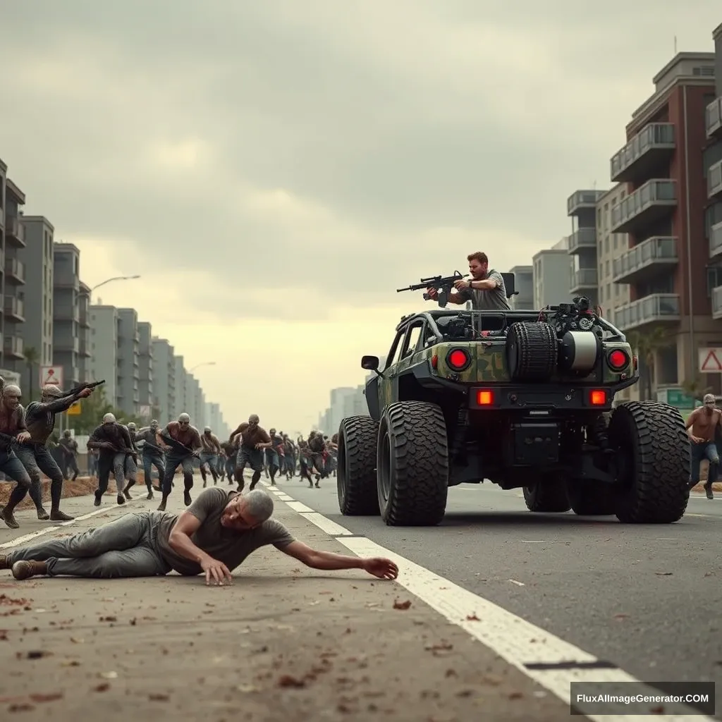 An award-winning cinematic shot of an ultra-futuristic city in the post-apocalyptic cyberpunk style, a 6-wheeled all-terrain vehicle is driving on the road, zombies are trying to catch up with the vehicle, a man is shooting at the zombies from the turret of the urban camouflage-colored all-terrain vehicle, gray sky, zombies are lying on the ground, others are running towards the vehicle, cinematic lights --ar 16:9 --stylize 250 --v 6.1