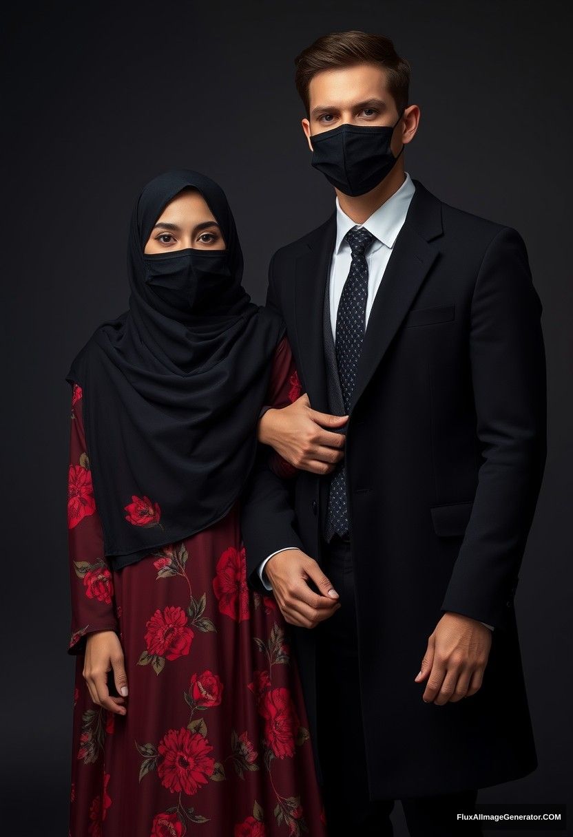 A biggest black hijab girl, beautiful eyes, face mask black, biggest red floral longest gown dress, not tall, standing beside him, love holding his arm,

Jamie Dornan body and face shot, handsome, youngest, face mask black, black coat suit, white shirt, black pattern tie, tall man, love standing near her,

Hyper realistic, studio photography, photorealistic. - Image