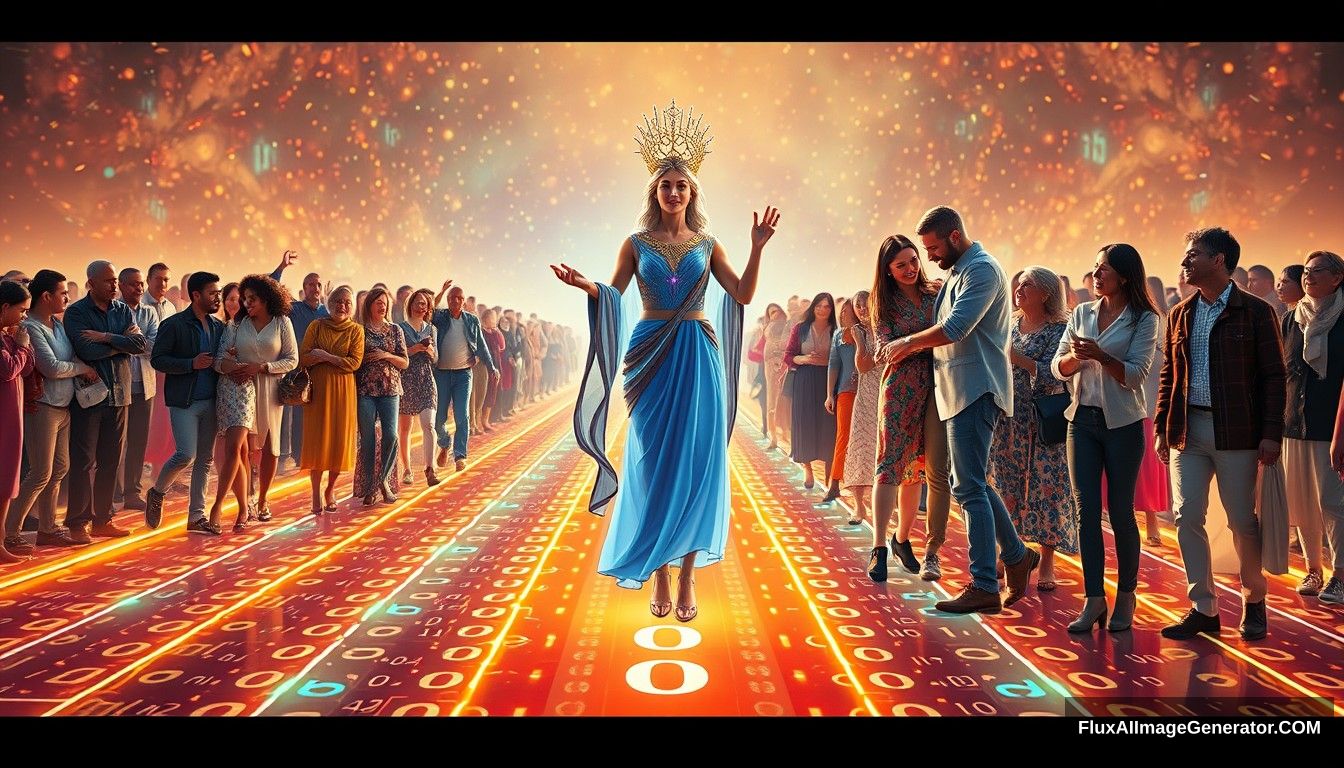 Photorealistic, Instagram-style image featuring a bright and hopeful scene depicting the concept of blockchain and decentralization. In the foreground, a futuristic and sci-fi styled goddess symbolizing blockchain and decentralization leads the people towards a bright future. She stands on a digital road made of glowing lines and various random characters, including 0s and 1s, symbolizing the path of digitalization. She is surrounded by families and individuals of predominantly European descent who are joyous and supportive, embracing and helping each other. The scene is grand and panoramic, with light shining from the front, illuminating the entire scene. The background is filled with elements that evoke a sense of hope and optimism. The overall aesthetic is vibrant and polished, with a modern Instagram filter applied to enhance colors and contrast. - Image