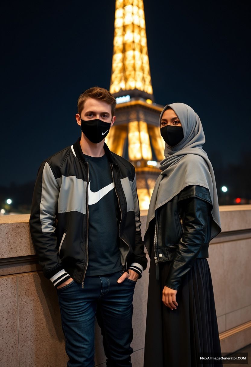 Jamie Dornan, youngest, black face mask, collage jacket, Nike t-shirt, jeans, tall man, fit body,

Dating, love with the biggest grey hijab Muslim girl, beautiful eyes, black face mask, leather jacket, largest longest skirt, cute short girl,

standing by a wall, an Eiffel Tower, night scenery, hyper-realistic, photorealistic, street photography. - Image