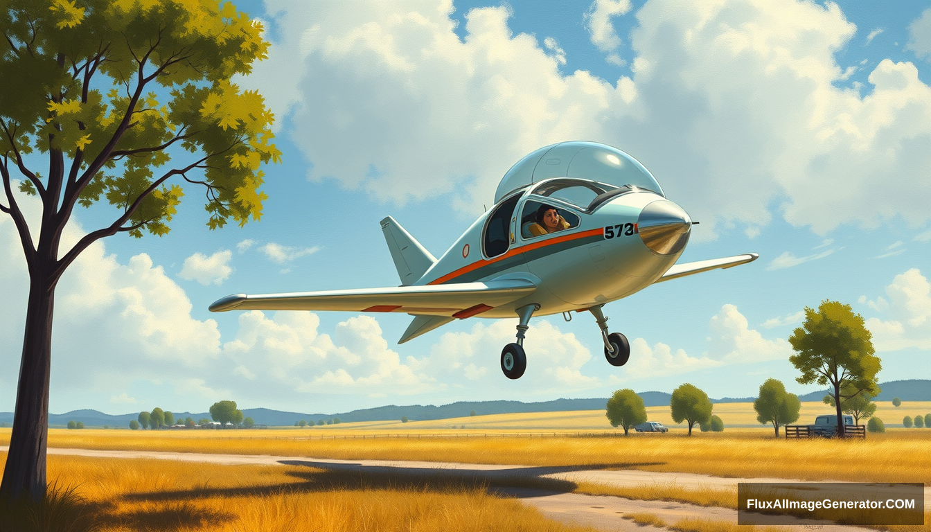 A flyer as seen on the "Jetsons" cartoon, as painted by Syd Mead, country setting, 4k, bubble canopy, retractable landing gear. - Image