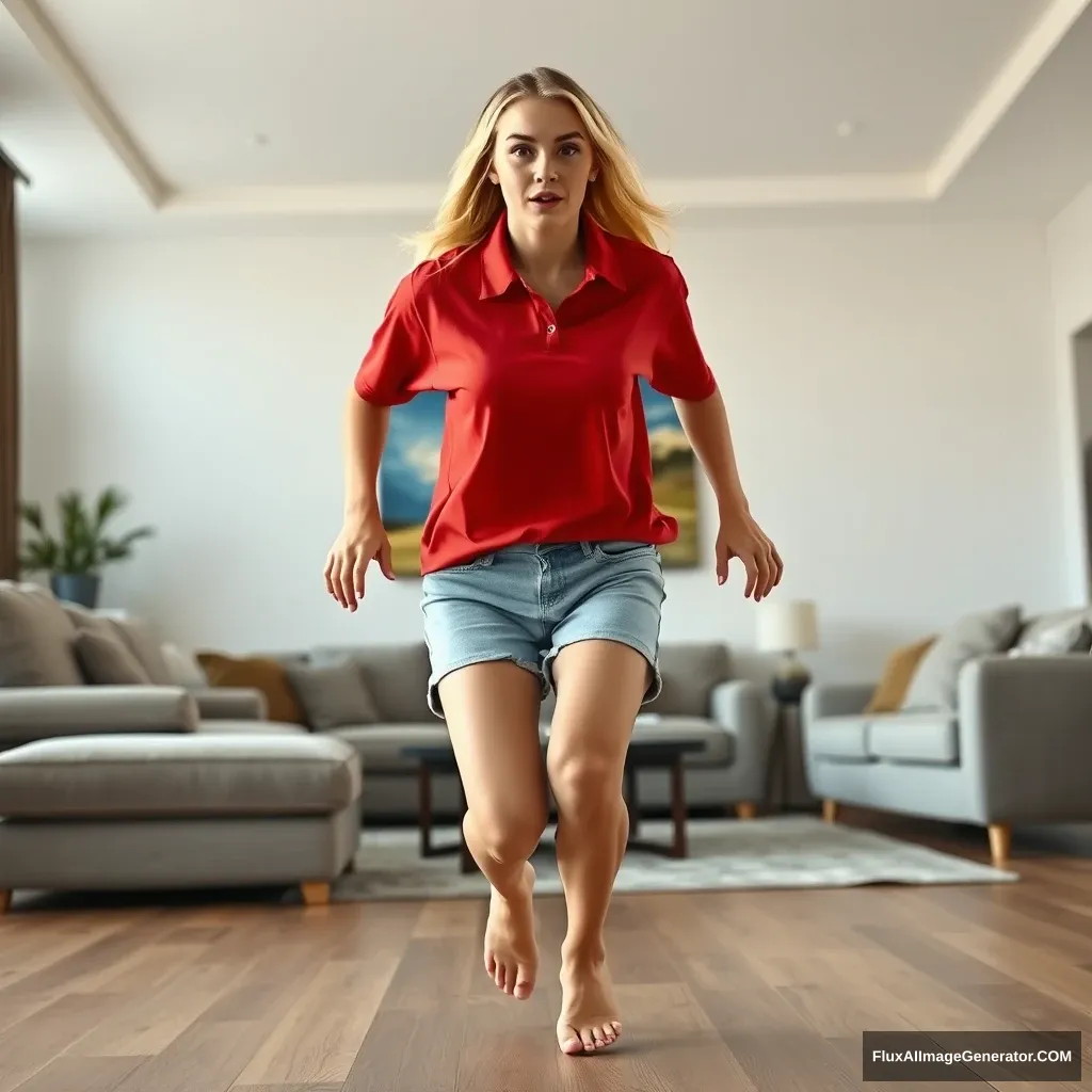 Front view of a blonde skinny woman in her early twenties in her massive living room, wearing a massively oversized red polo t-shirt that is quite off balance on one shoulder. The bottom part of her t-shirt is also untucked. She wears light blue denim shorts and has no shoes or socks. She faces the camera with a scared expression and runs towards it with both arms straight down. - Image