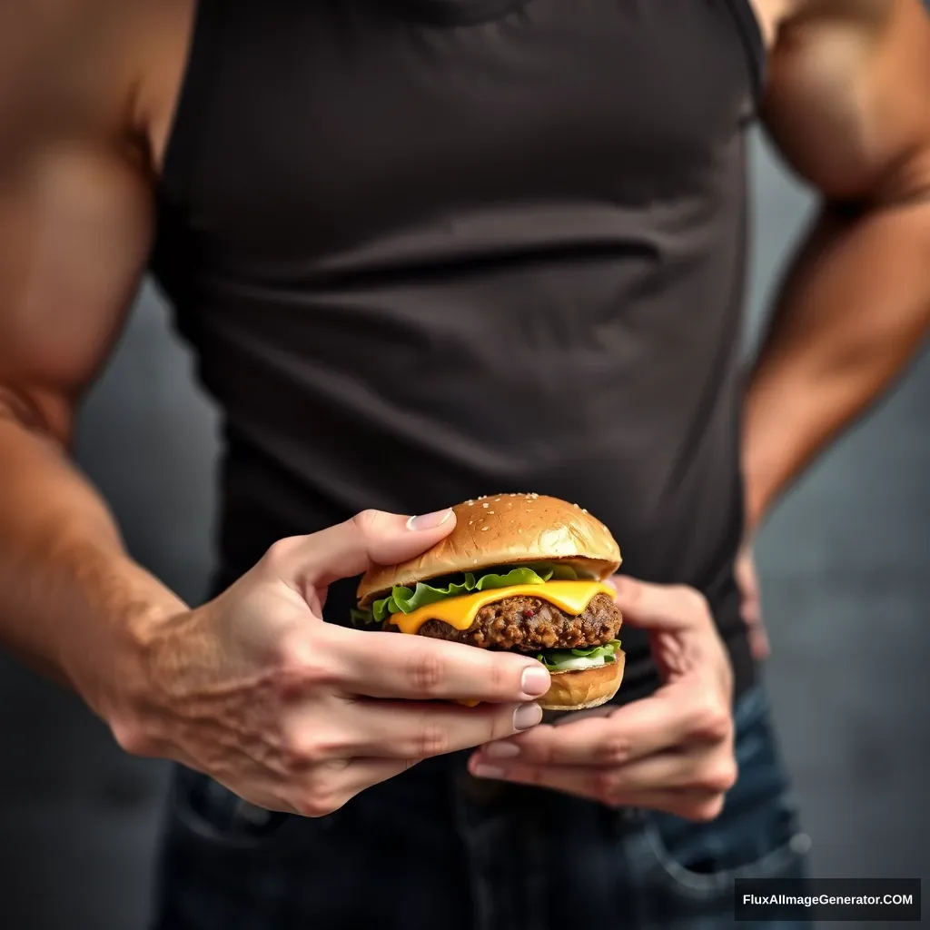 man pressing cheeseburger up to waist 👖 - Image