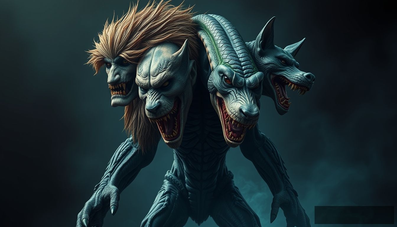 A horror monster, a human with four faces: Human, Lion, Snake, and Dog, full body from head to toe.