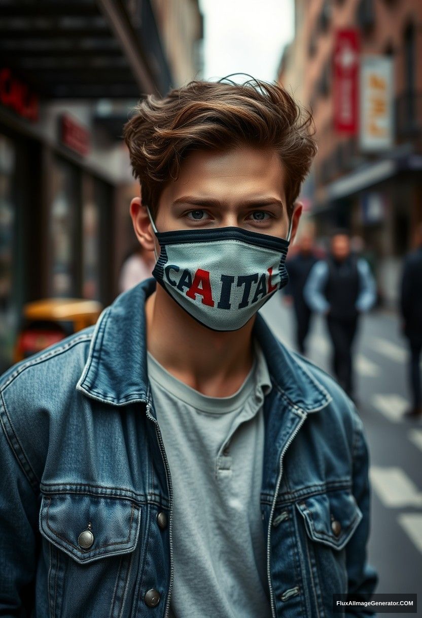 Jamie Dornan, young, black face mask, capital A collage jacket, jeans, hyper-realistic, street photography.