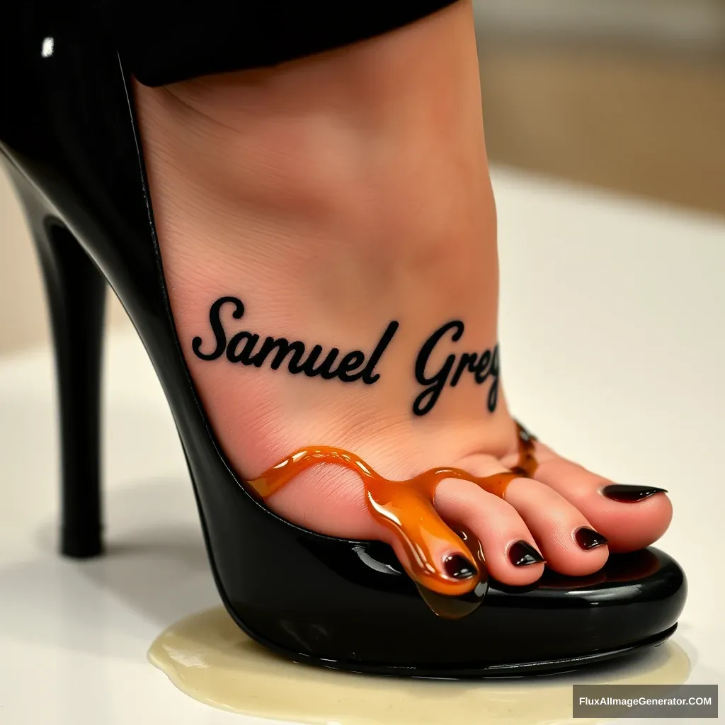 The name "Samuel Greg" on a woman's foot in a black high heel. There is oil all over the foot.