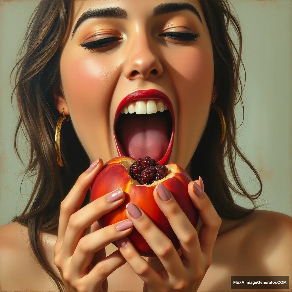 A painting of a woman enjoying an insanely juicy peach.