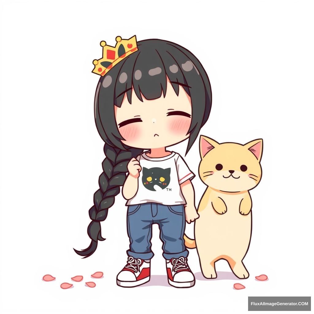 wawa, best quality, high resolution, masterpiece, simple background, 1 girl, braid, crown, shirt, black hair, cat, closed eyes, petals, solo, long hair, pants, t-shirt, white background, shoes, simple background, animal, chibi, child, clenched hands, denim, jeans, pout, full body, clothes writing, standing, :t, blush, sneakers,