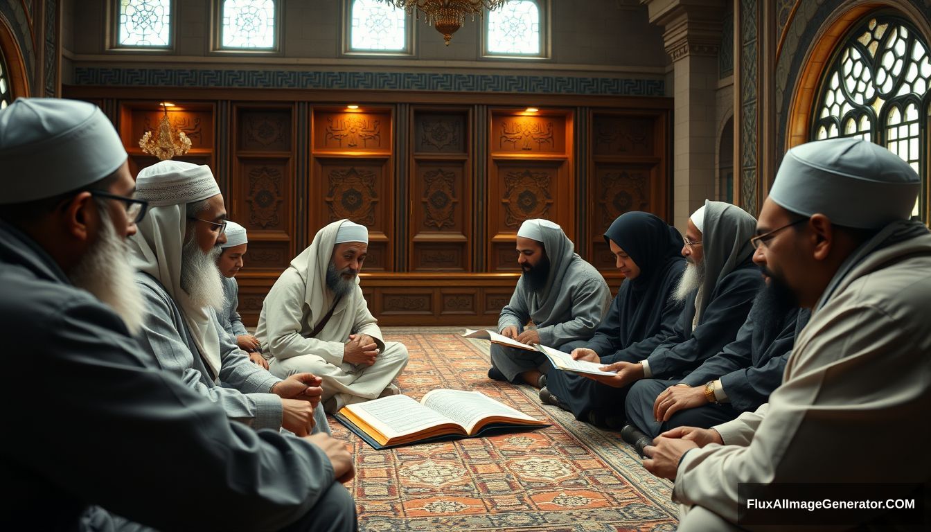 "A group of Muslims earnestly discussing in a calm and scholarly environment. Ultra HD, realistic, educational, with warm and cinematic lighting."