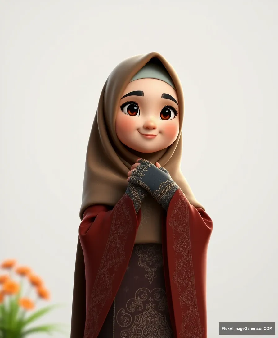 A 3D, 8k animated cartoon depiction of a Muslim woman from Palembang, wearing a traditional long songket and a long gown (gamis). She is adorned with a hijab that covers her chest and wears batik gloves covering her hands. - Image