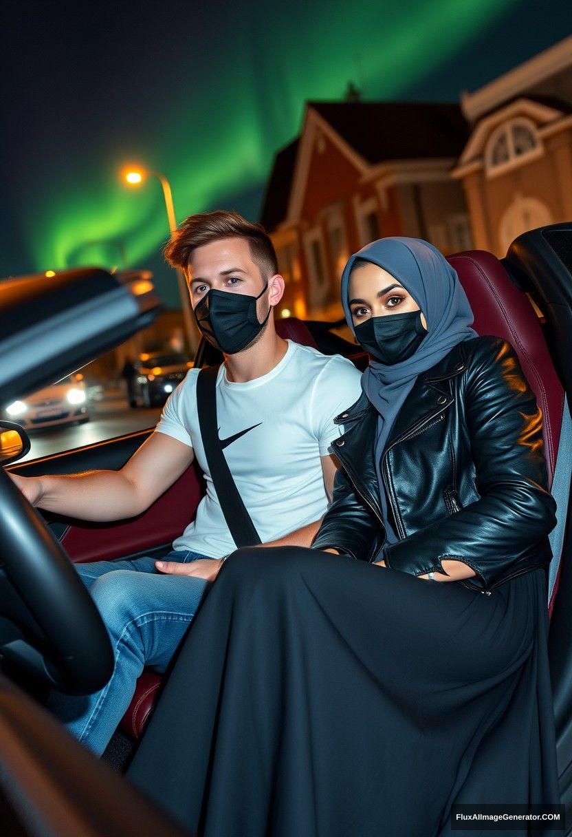 Jamie Dornan, tall, young, wearing a black face mask, a white Nike t-shirt, and jeans, is dating a beautiful Muslim girl in a grey hijab with stunning eyes. She is wearing a black face mask, a leather jacket, and an extremely long and large skirt. She is not tall. They are sitting in a sports car in a town setting, captured in a photorealistic style, with street photography at night featuring the aurora borealis.