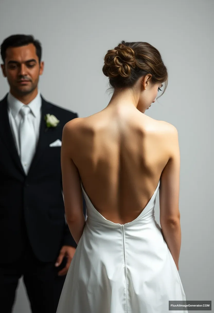 A young woman, sensitive, delicate, ashamed, wearing a backless strapless small-waisted wedding dress, standing in front of patriarchy, feeling helpless.