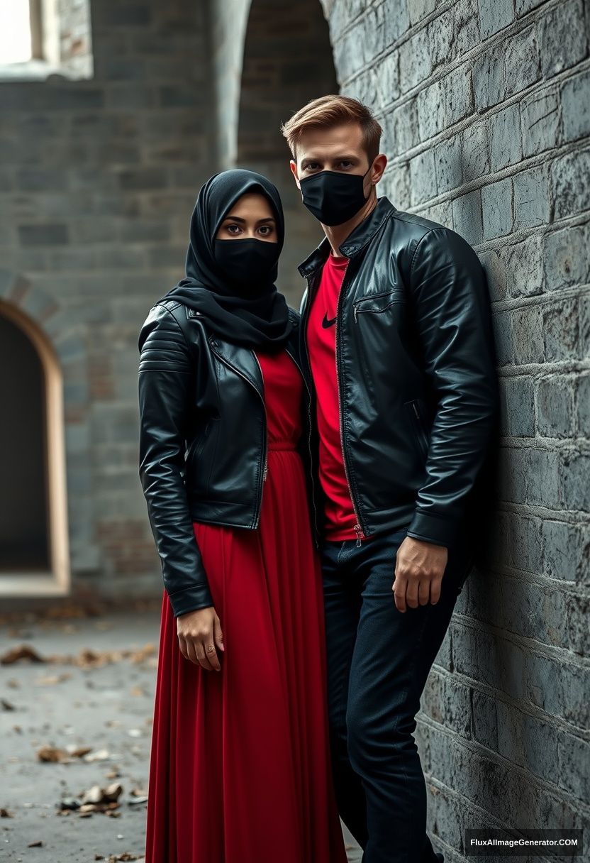 A biggest black hijab girl, beautiful eyes, face mask black, black leather jacket, biggest red longest dress, untall, leaning at him,

Jamie Dornan, handsome, face mask black, fit and tough body, Nike red t-shirt, black leather jacket, jeans, tall man, lean against the wall

Hyper realistic, photorealistic, studio photography, Victoria's abandoned castle, gloomy. - Image