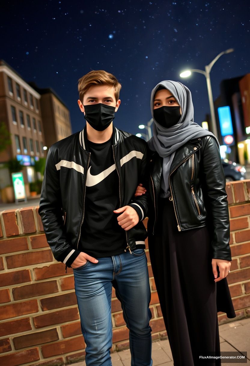 Jamie Dornan, youngest, black face mask, collage jacket, Nike t-shirt, jeans, tall man, fit body,

Dating, love with the biggest grey hijab Muslim girl, beautiful eyes, black face mask, leather jacket, biggest longest skirt, slim short girl, holding his arm

standing at a brick wall, in town, night scenery, Milky Way, hyper-realistic, photorealistic, street photography.