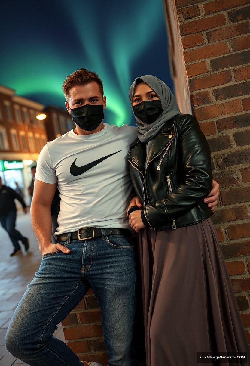 Jamie Dornan, tall and handsome, wearing a black face mask, a white Nike T-shirt, and jeans, is dating a romantic, beautiful Muslim girl in a grey hijab with lovely eyes, also wearing a black face mask and a leather jacket, along with a very long and wide skirt; she is not tall. They are laying against a brick wall in town, captured in photorealistic street photography, with selfie photos taken in the night scenery under the aurora.