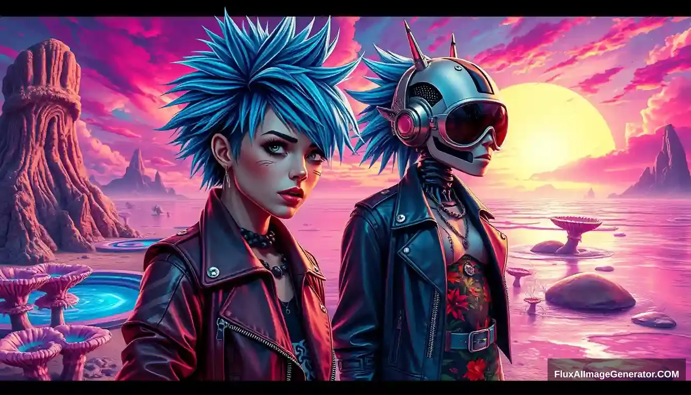 A vivid, high-contrast scene features a punk girl with electric blue spiky hair rendered in the intricate style of Enki Bilal with ray tracing effects. Photo: Digital painting of a vivid, high-contrast scene features a punk girl with electric blue spiky hair and a leather jacket, beside a charming retro-futuristic robot in Hawaiian shorts, on a surreal alien beach adorned with iridescent fungi and shimmering lakes, all beneath a vibrant, dreamlike sky.