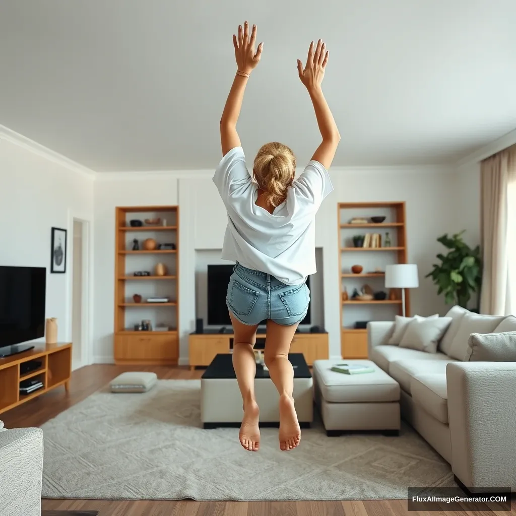 A blonde, skinny woman is positioned at a right angle in her massive living room. She is wearing an oversized white t-shirt that is very unbalanced on one of the sleeves, along with oversized light blue denim shorts. She has no shoes or socks on and is facing her TV. She dives headfirst with both arms raised below her head and her legs lifted in the air, at a -60 degree angle.