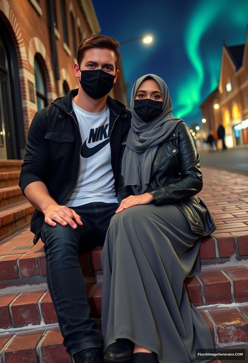 Jamie Dornan, tall and handsome, wearing a black face mask, a white Nike t-shirt, and jeans, is dating a beautiful Muslim girl in a grey hijab, who has striking eyes, a black face mask, and a leather jacket. She wears an exceptionally long and wide skirt and is not very tall. They are sitting on brick stairs in town, captured in a photorealistic style, with street photography and selfie photos showcasing the night scenery and the aurora borealis.