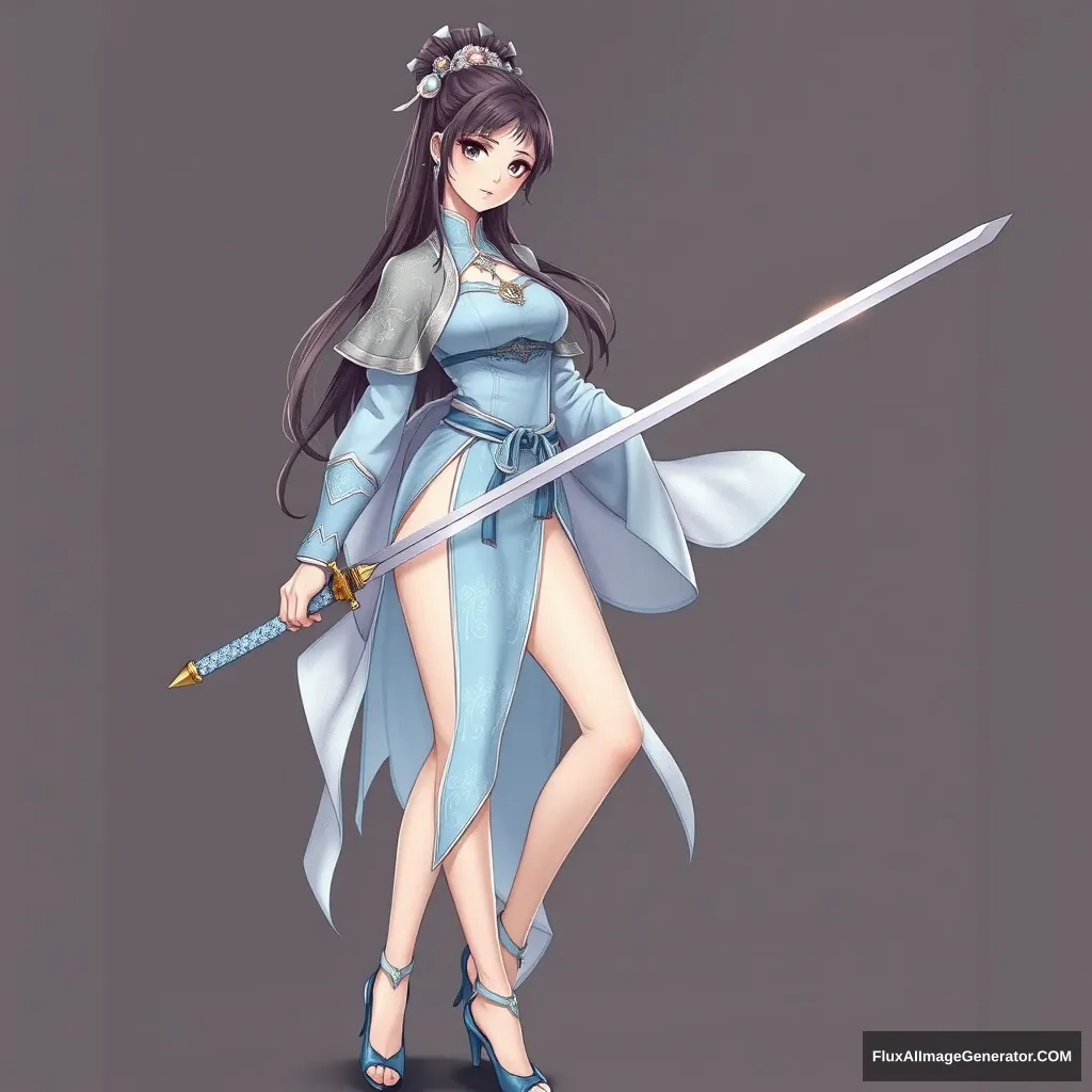 Anime ancient costume beauty, wearing a fitted outfit in light blue and silver with a silver-patterned shawl, the sleeves are tight with arm guards. The clothing features delicate decorations, with an antique charm, graceful and lively, full of elegance. She has long hair styled in ancient fashion, long legs, and a tall figure, exuding the aura of an ancient female warrior, holding a long sword that showcases her figure, and wearing blue high heels. - Image