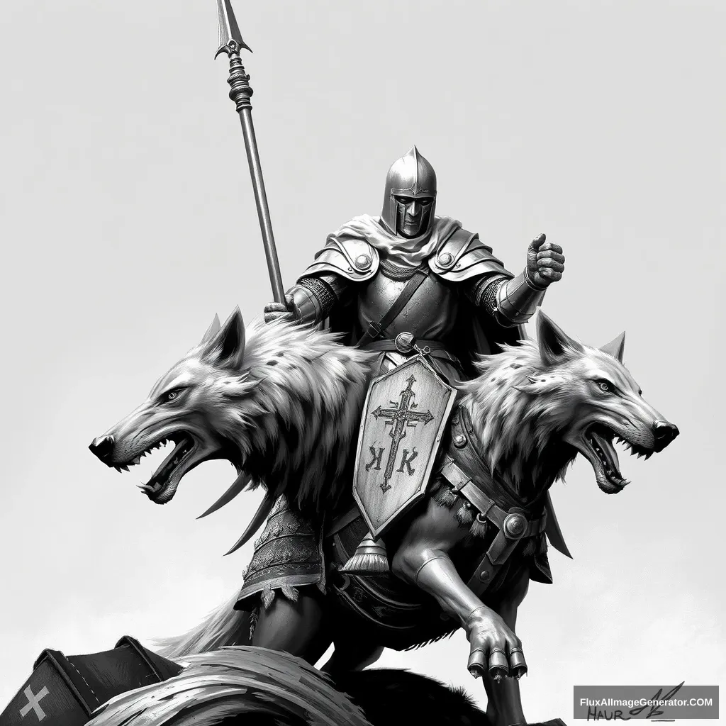 Black and white image of a medieval knight in armor, wielding a lance. He rides a warg wolf, also armored and with several scars from previous battles. - Image